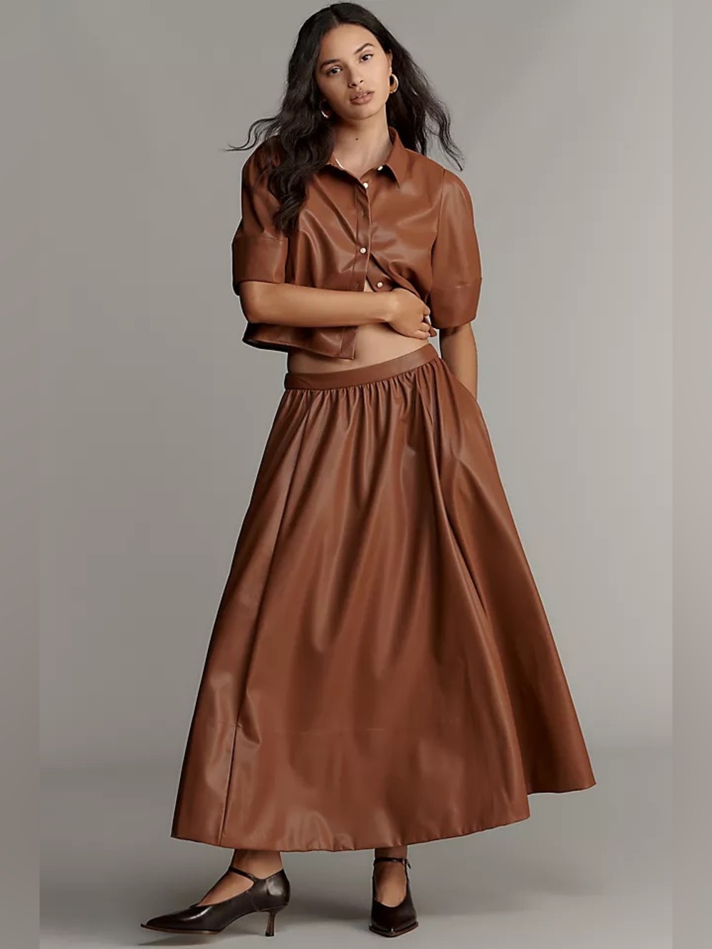 Anthropologie Maeve Faux Leather Full Maxi Skirt Brown Color Size XSmall